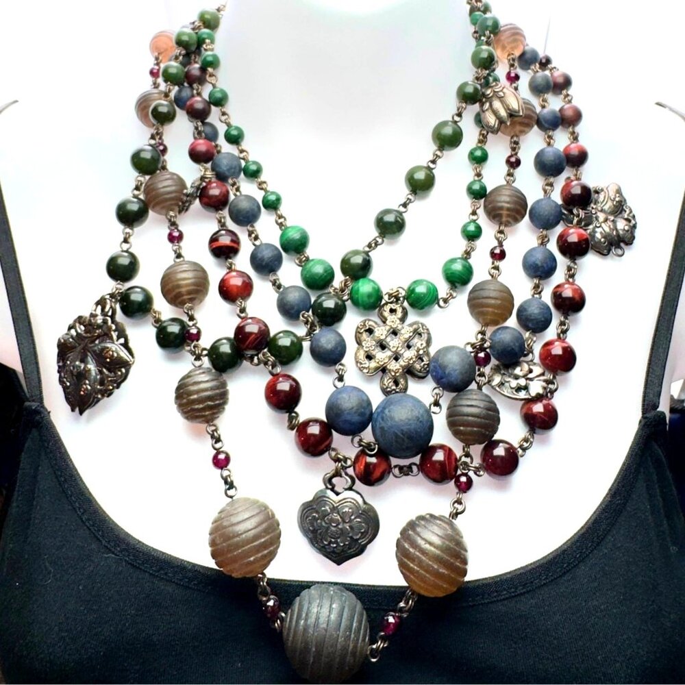 Stephen Dweck Sterling Semi-Precious 5-Strand Necklace Butterfly Floral Vintage